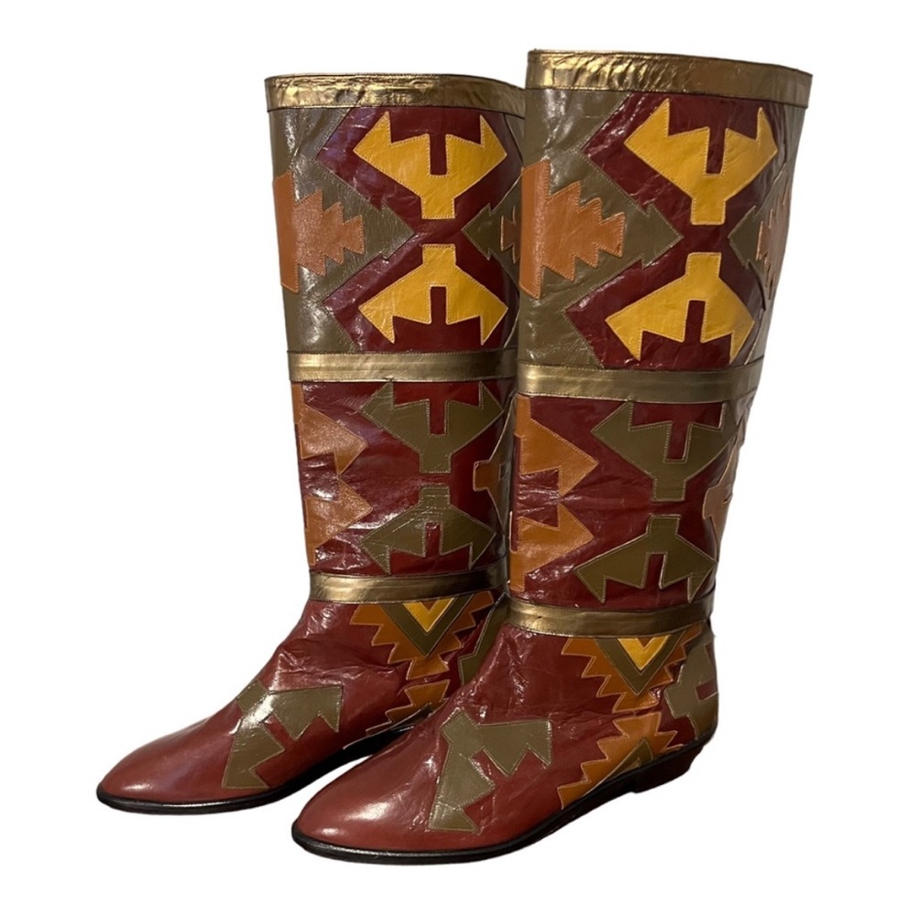 Zalo Vintage Brown Mustard Olive Patchwork Leather Boots Size 7 7.5 Festival